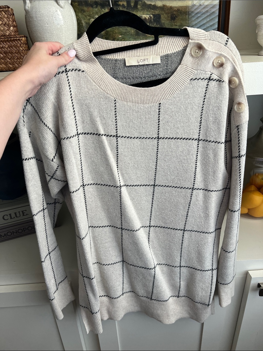 LOFT Cream Sweater with Black Windowpane & Shoulder Buttons